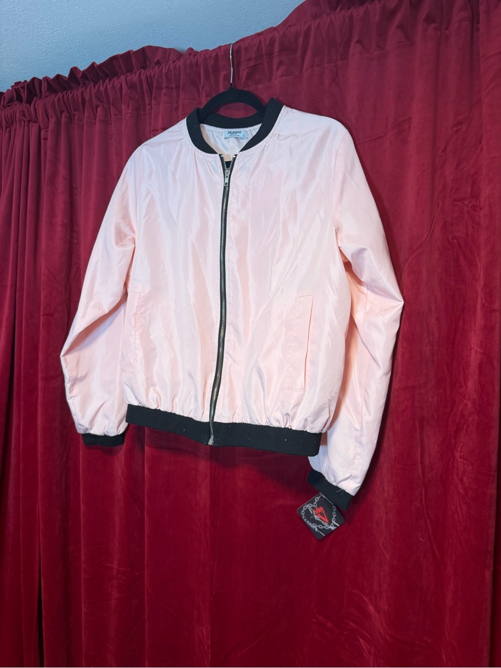 zeagoo Light Pink Bomber Jacket with Black Trim